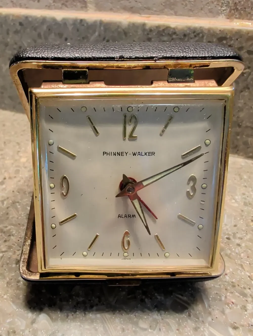 VTG Phinney-Walker Travel Alarm Clock Japan Black Leather Case Glow Dial WORKS